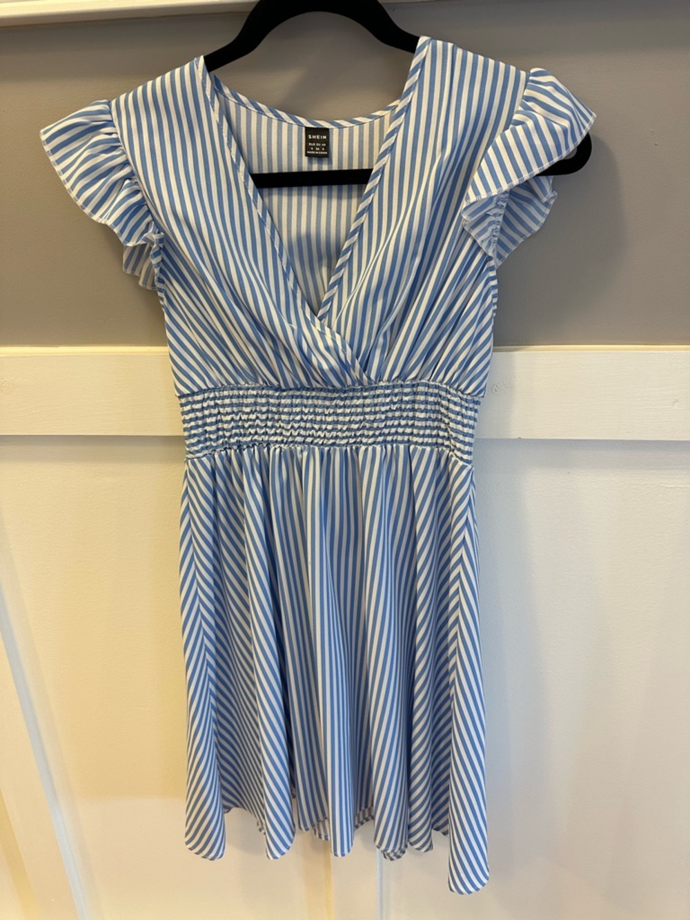 SHEIN Blue and White Striped V-Neck Smocked Waist Dress SIZE S/4